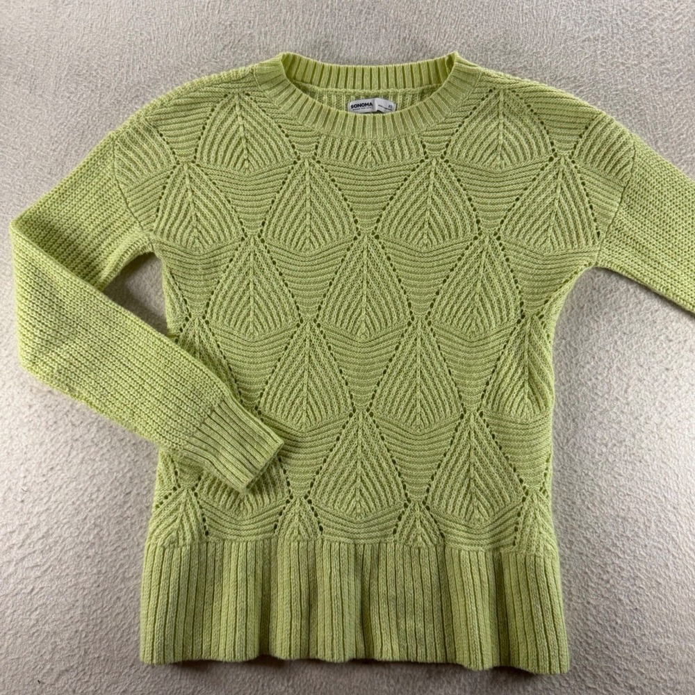 Sonoma Sweater Womens XS Lime Green Excellent Pointelle Knit Geometric Leaf
